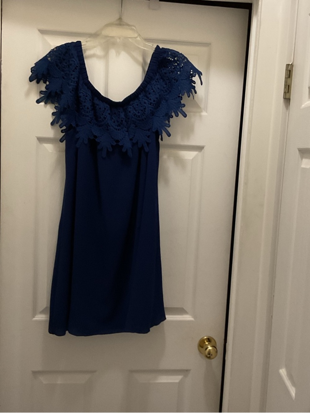 Crochet Yoke Blue Dress. Can be worn off the shoulders. Very cute. Only wore 2 x